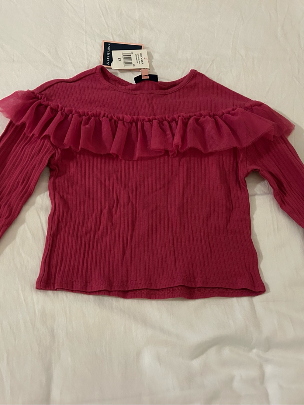 Andy & Evan Ruffle-Trim Ribbed Long Sleeve Top - Fuchsia